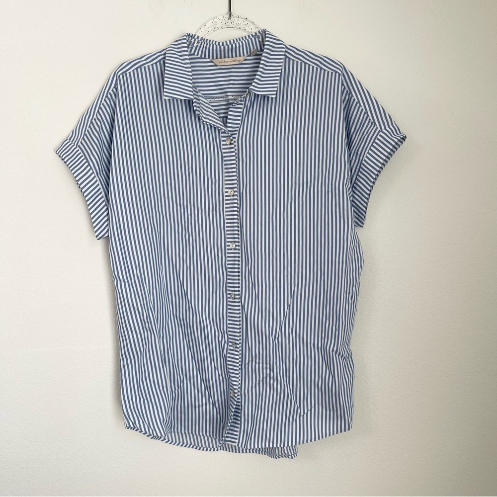 Soft Surroundings Blue & White Striped Button Front Dolman Shirt Size M